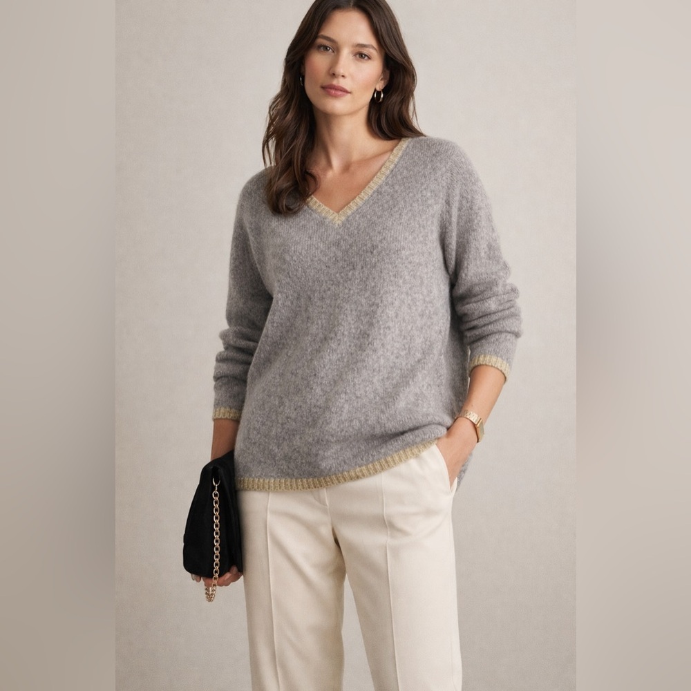 WYSE London V Neck Kid Mohair/Merino Wool Sweater Jumper Lt Grey Size 1